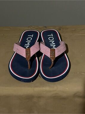 Tommy Hilfiger Navy Footbed Pink Striped Strap Kids Flip Flops